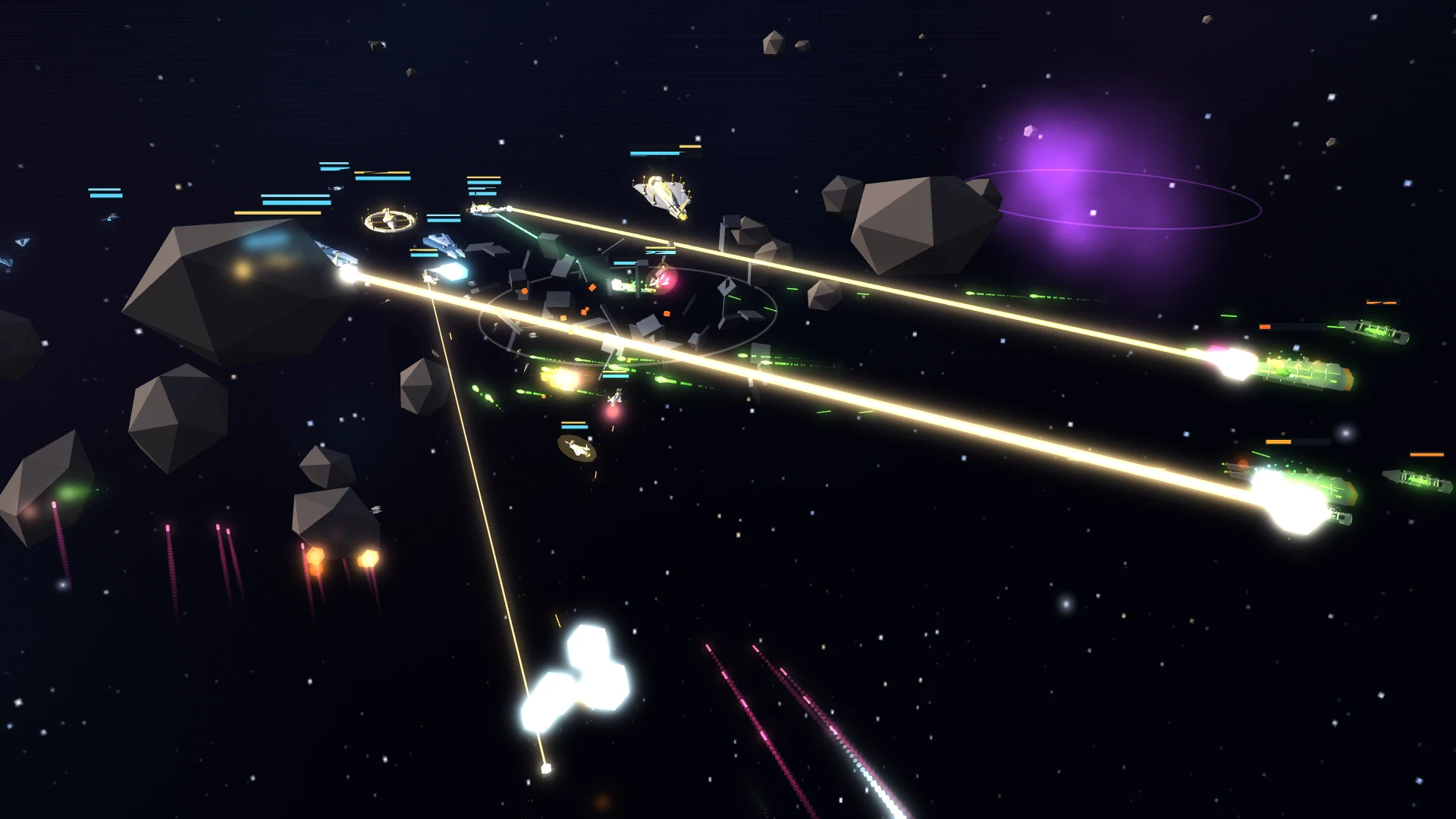 Lumen beam ships trading fire with Blight cruisers across an asteroid field