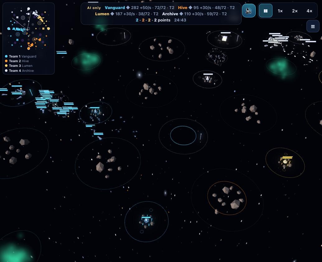 Four-player free-for-all on the Crossroads map (Vanguard, Hive, Lumen and the Archive), strategic view